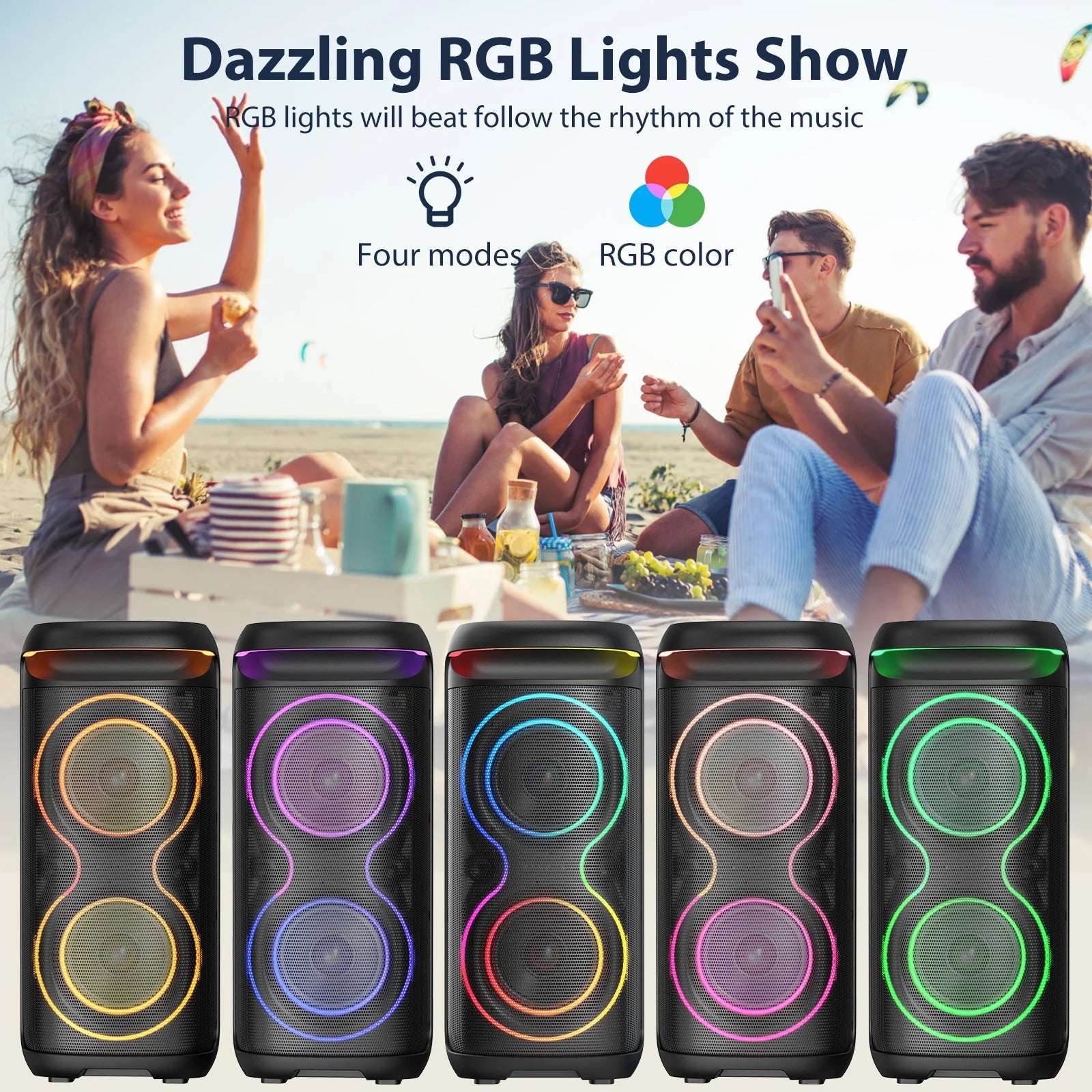 Large Party Speaker, Bluetooth Speaker with LED Light, Two 6.5'' Subwoofer Loud Speaker, T20